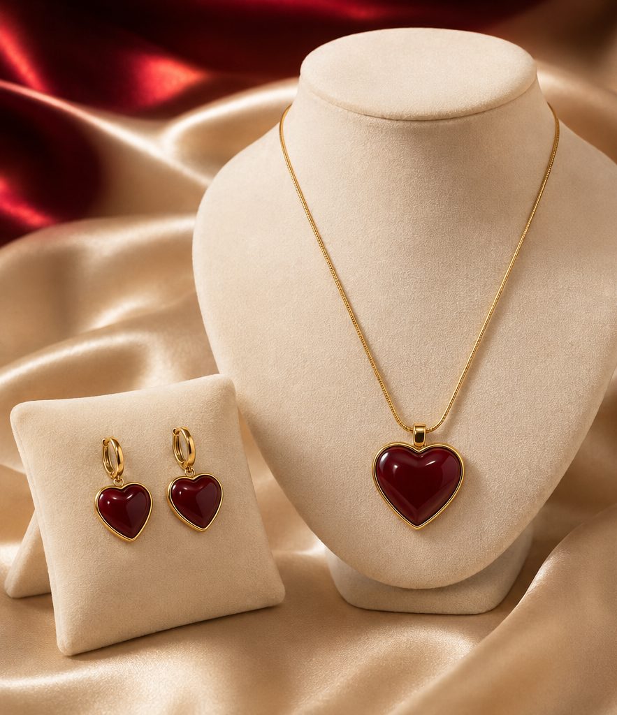 Deep red heart jewellery set