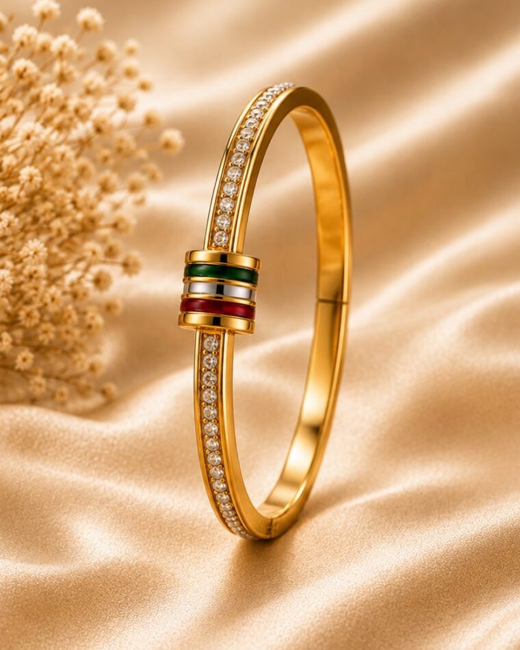 Striped-Clasp Zirconia Bangle