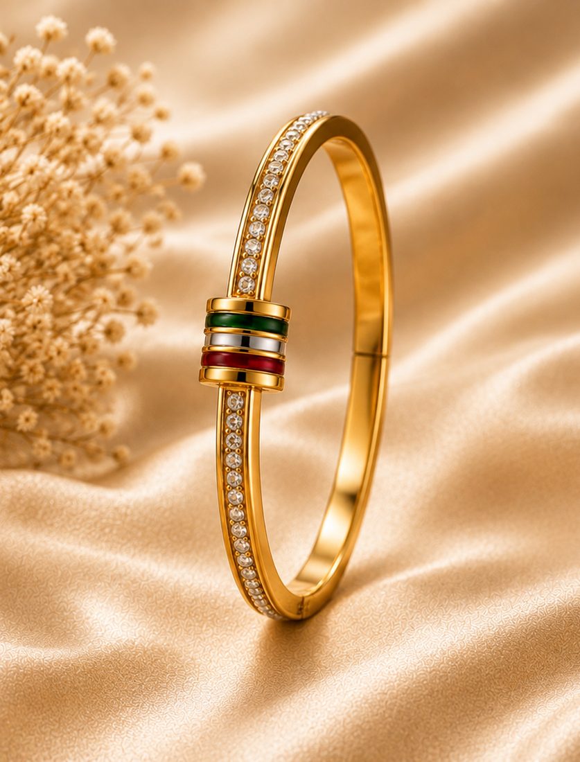 Striped-Clasp Zirconia Bangle