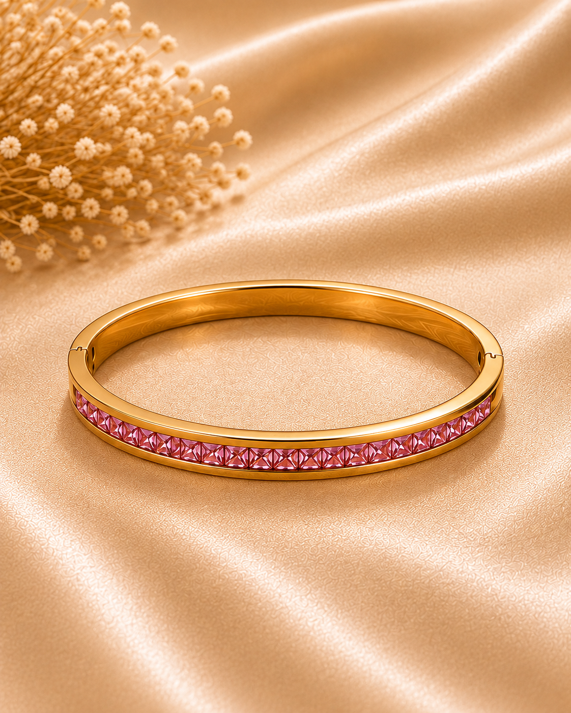 One Colour Zirconia Bangle in Pink on champagne satin