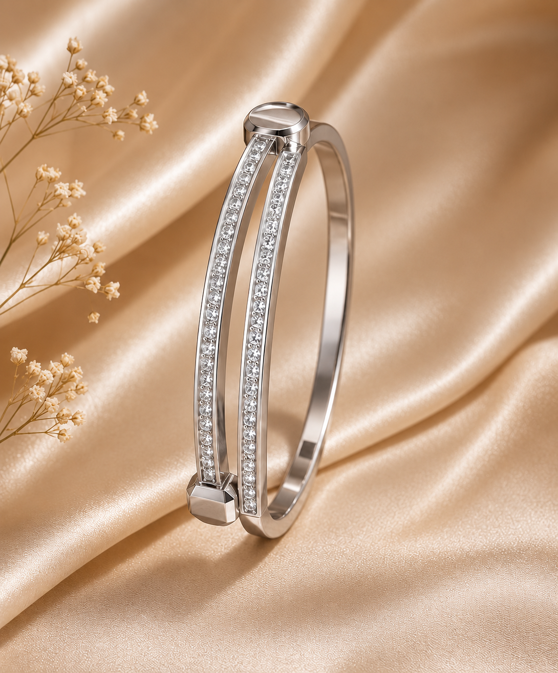 One silver dual-bar zirconia cuff with clear stones on champagne satin