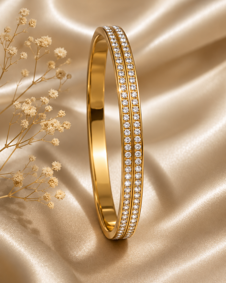 One Enamel Colour Bangle in Gold on champagne satin