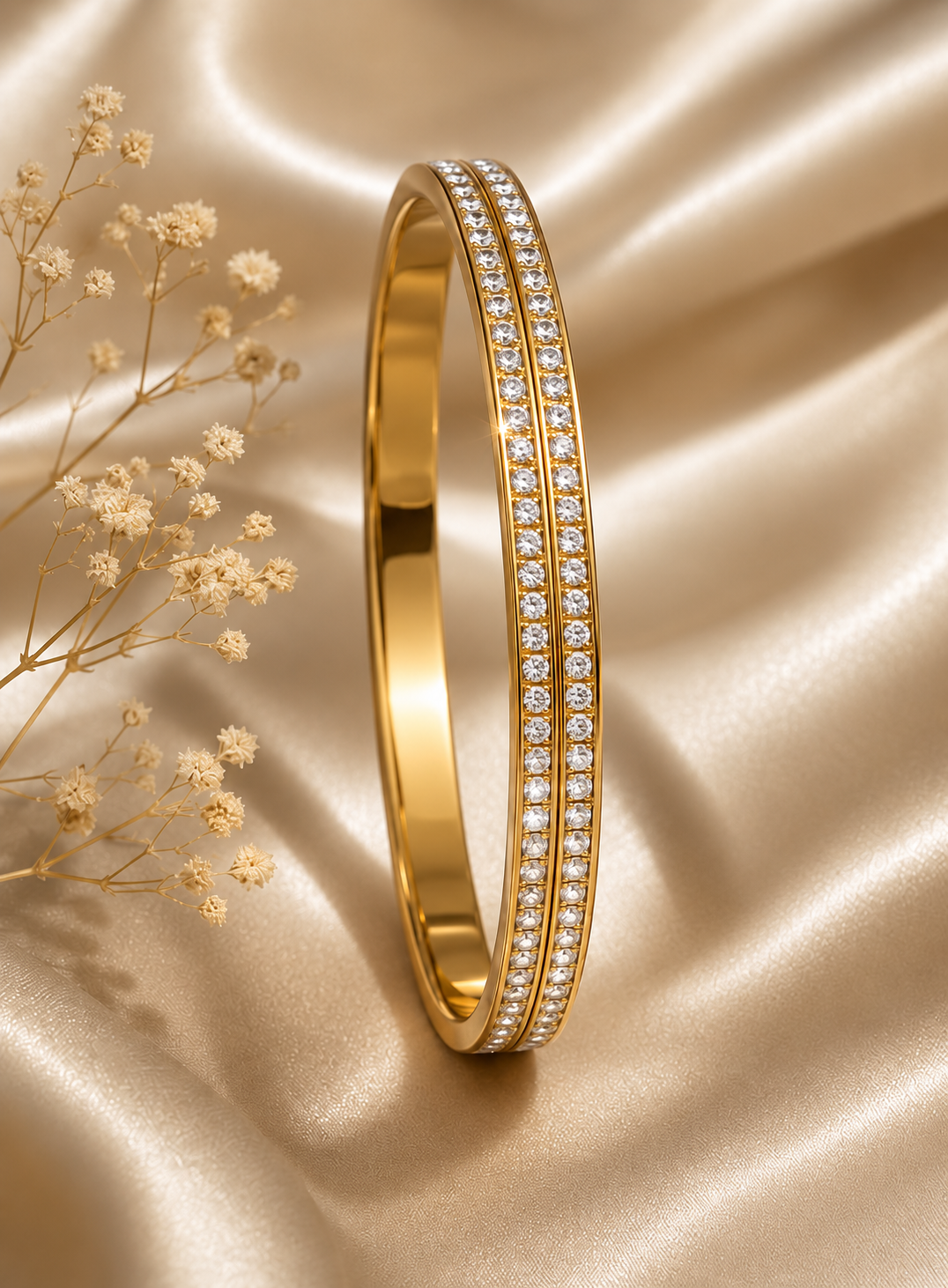 One Enamel Colour Bangle in Gold on champagne satin