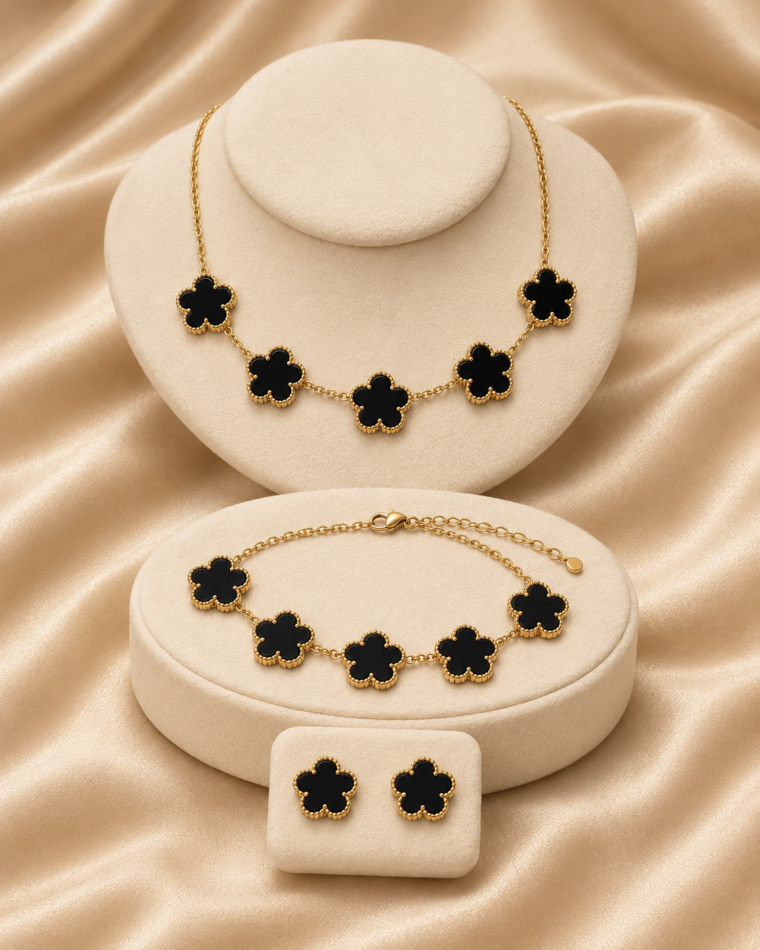 One complete Five-Point Clover Set in Black, with all matching pieces