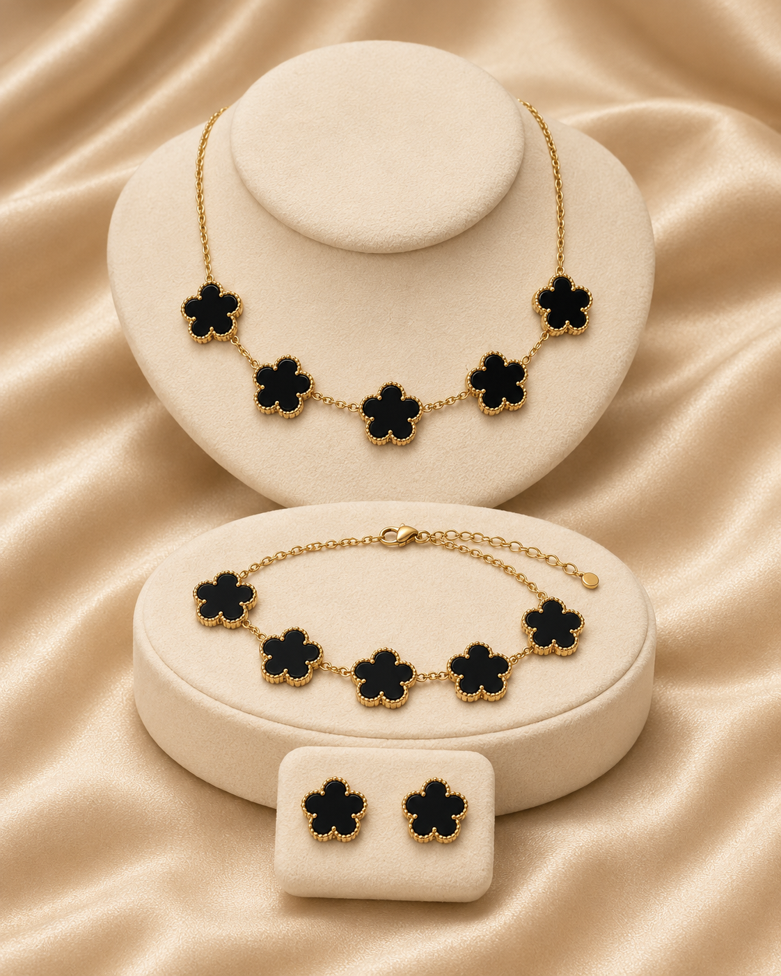 One complete Five-Point Clover Set in Black, with all matching pieces