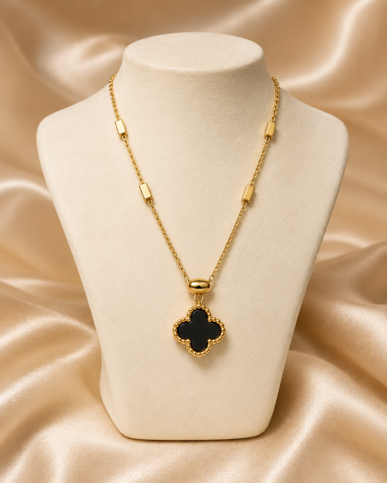 One Four-Point Clover Necklace - Gold - black side