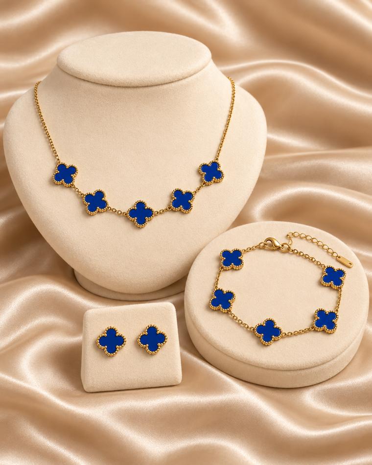 One complete Four-Point Clover Set · Blue & Burgundy in Blue, with all matching pieces