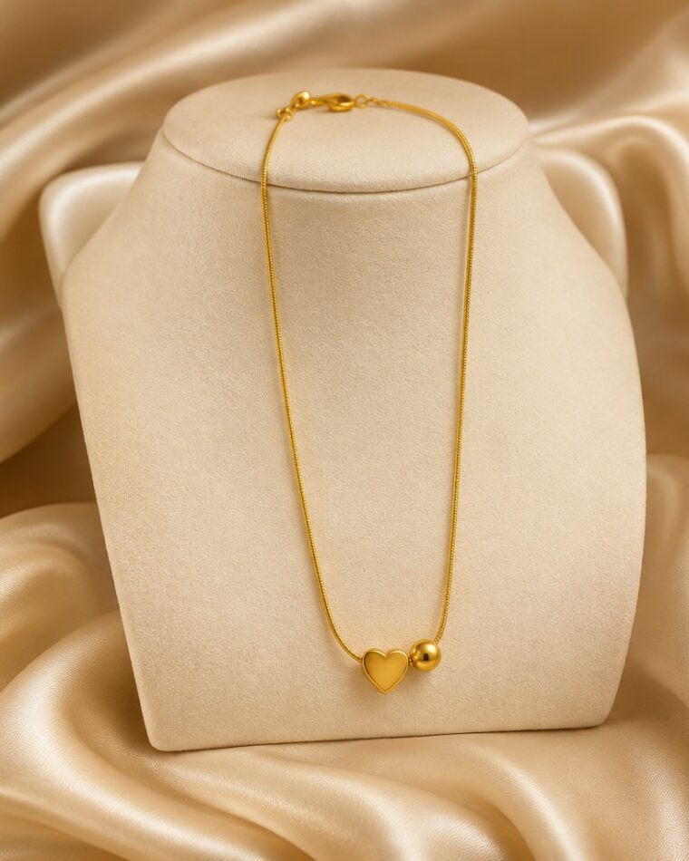 Heart & Ball Necklace - gold plated stainless steel snake chain