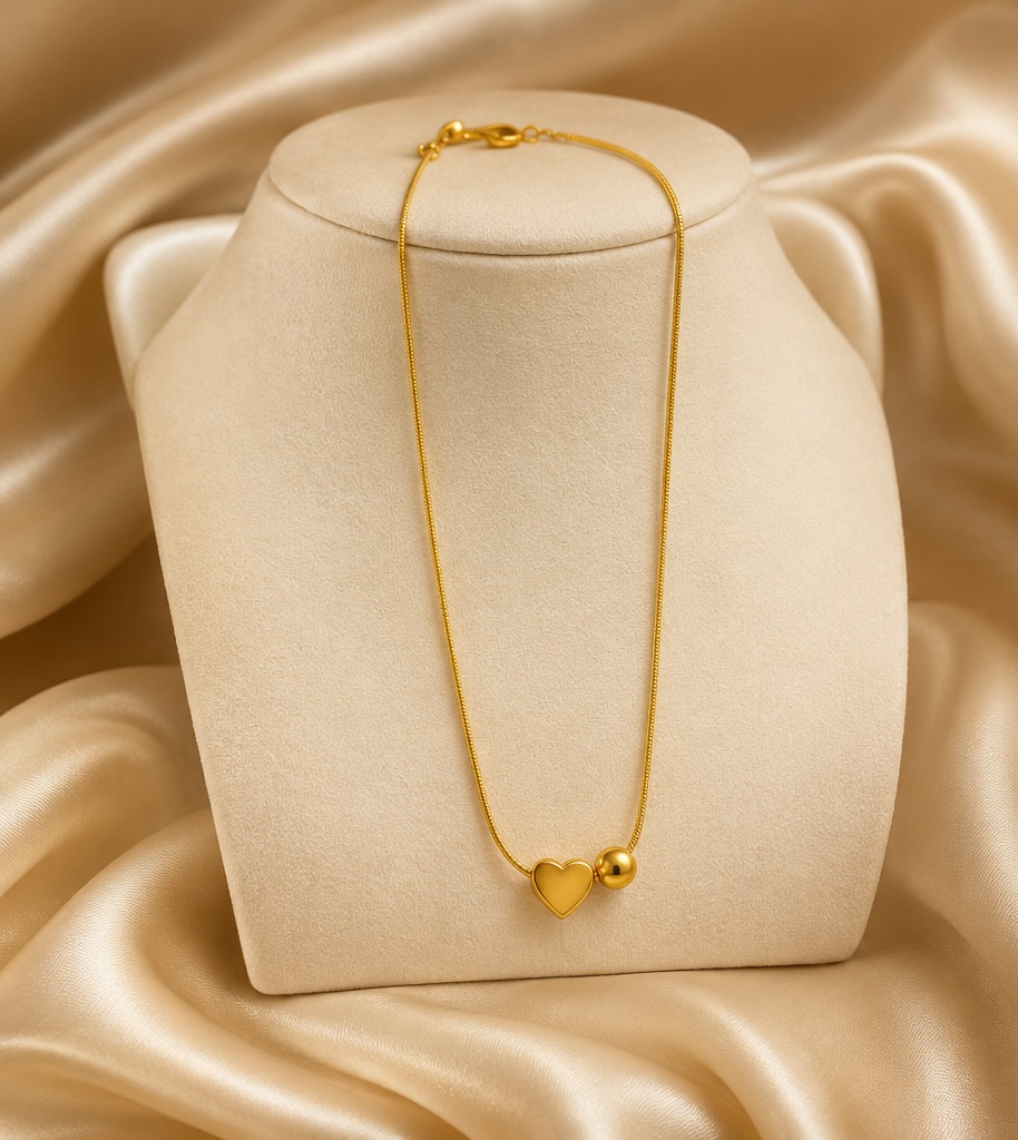 Heart & Ball Necklace - gold plated stainless steel snake chain
