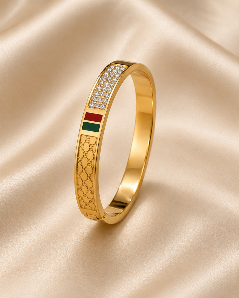 One LOVE Wide Bangle · Gold in Gold on champagne satin