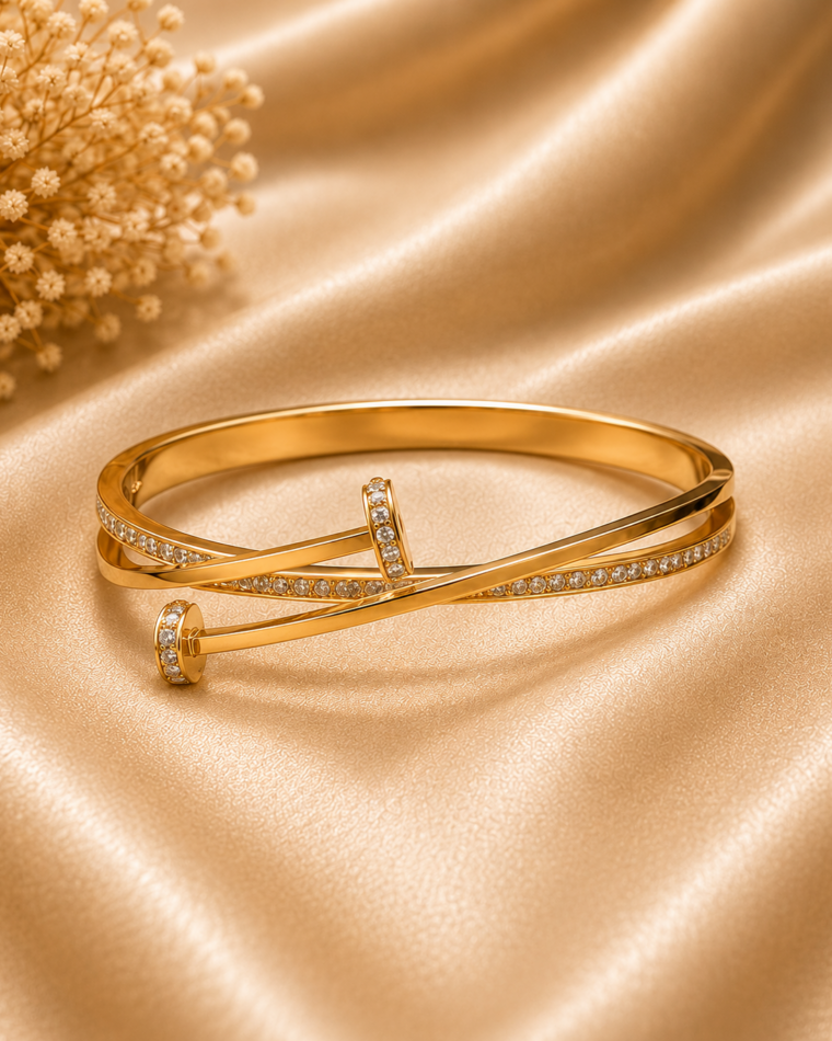 One Mesh Buckle Bracelet in Gold on champagne satin