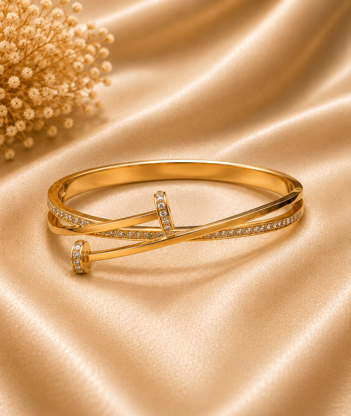 One Mesh Buckle Bracelet in Gold on champagne satin