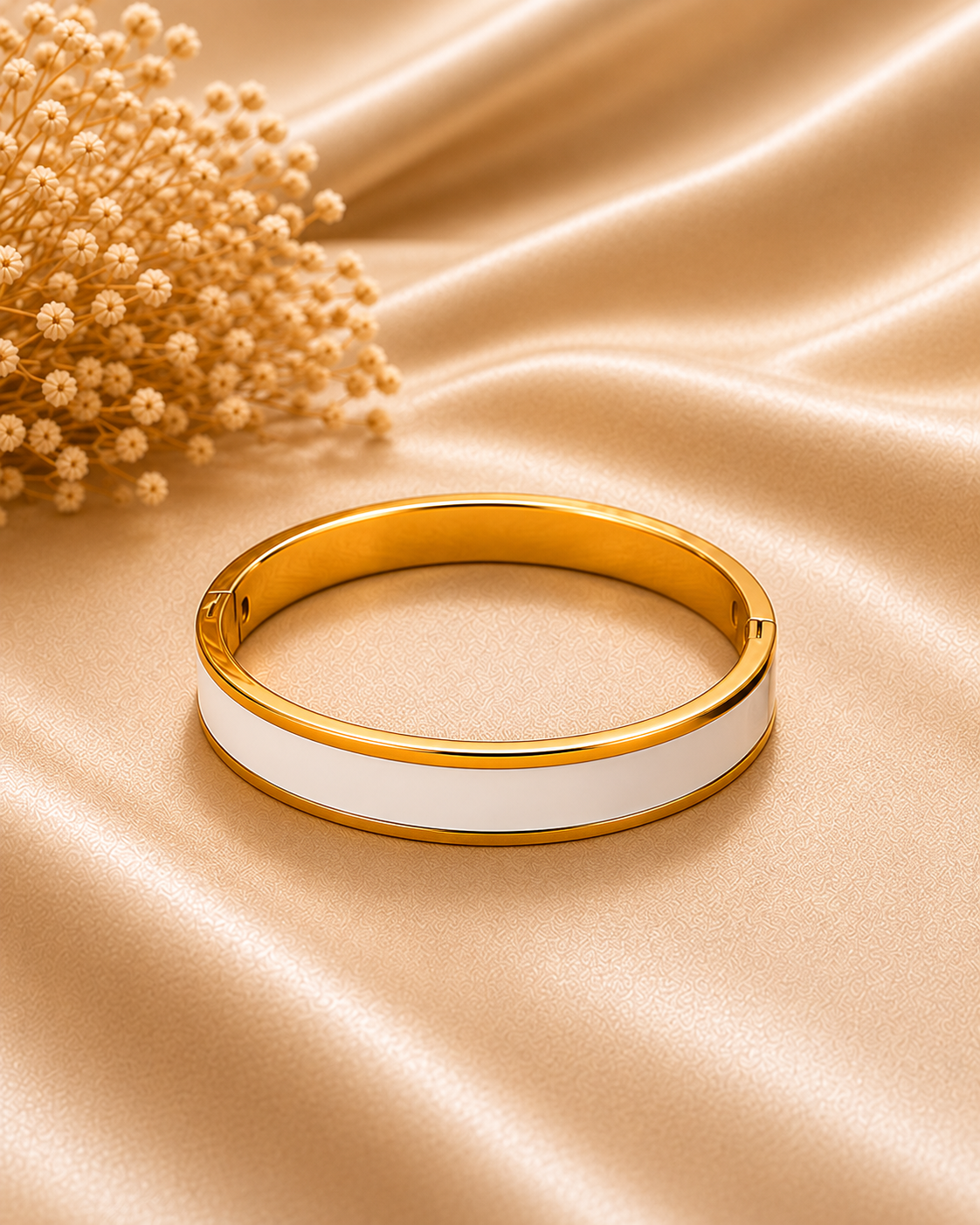 One Red & Green LOVE Bangle in White on champagne satin