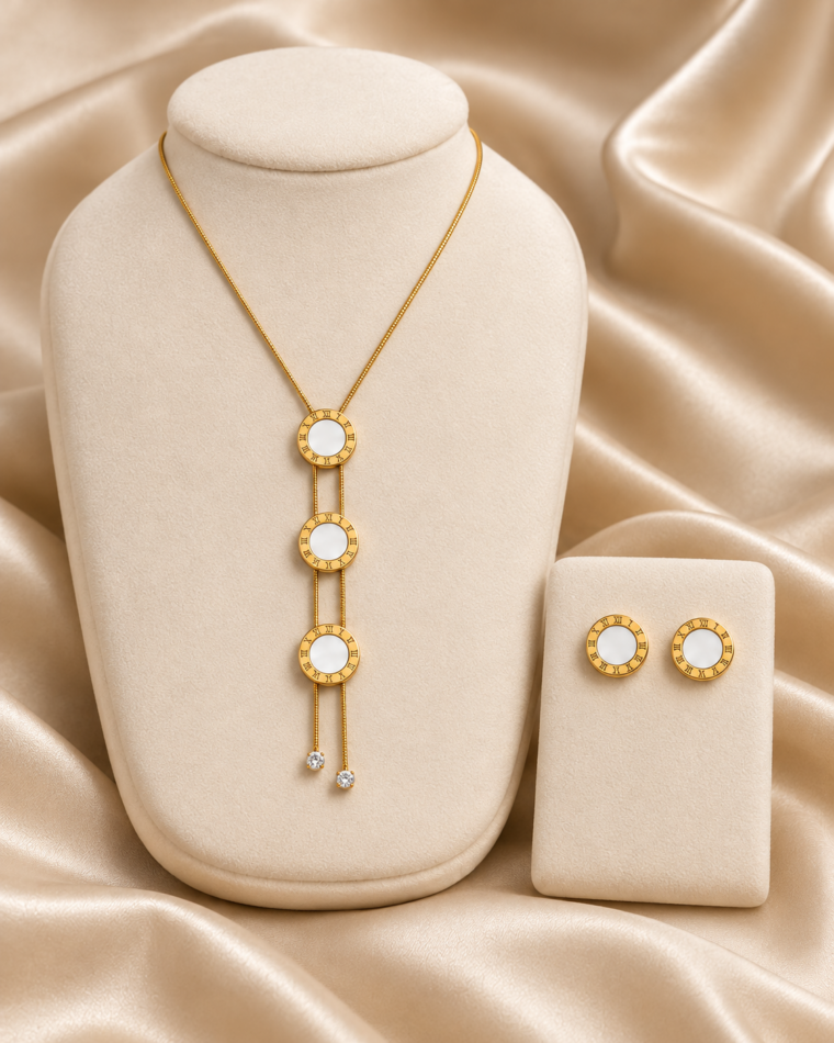 One complete Roman Numeral Lariat Set in White, with all matching pieces