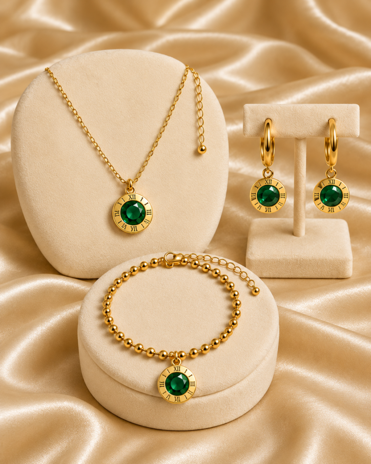 One complete Roman Numeral Pendant Set in Green, with all matching pieces