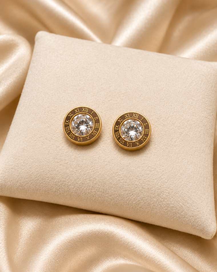 One pair of Roman Numeral & Zirconia Studs - Gold