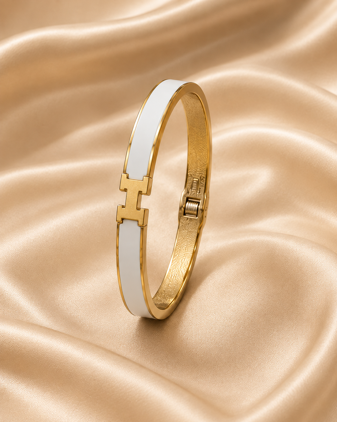 One Shell Inlay Bangle in White on champagne satin