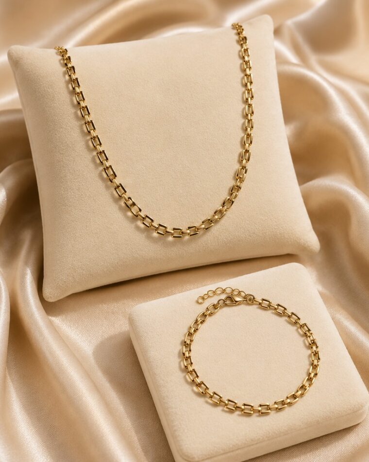 Square Clasp Set - gold plated stainless steel necklace and bracelet