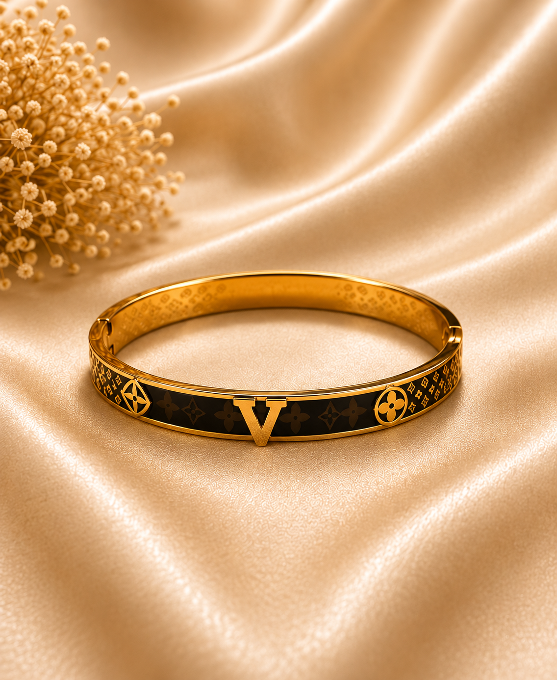 One U-Link Buckle Bangle in Gold on champagne satin